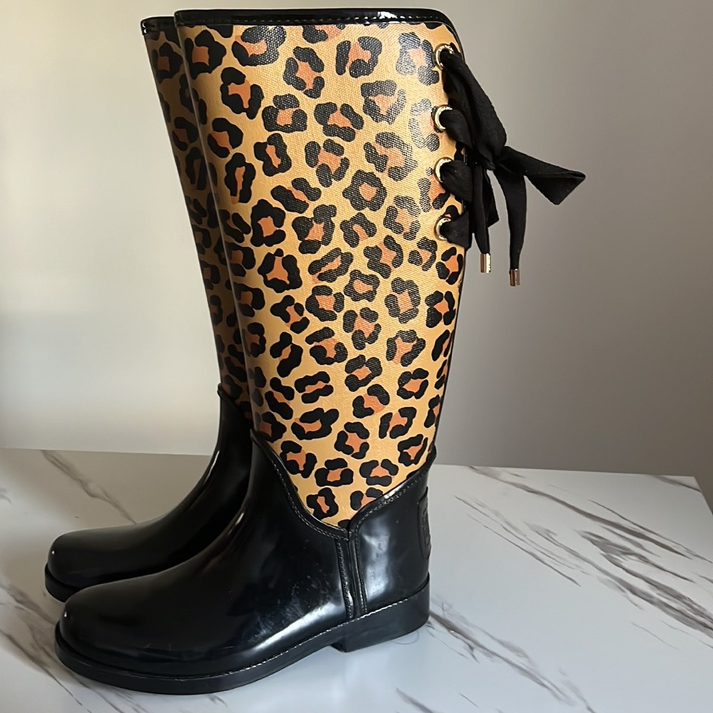 COACH “TRISTE” LEOPARD PRINT RAIN BOOTS WITH LACE UP BACK